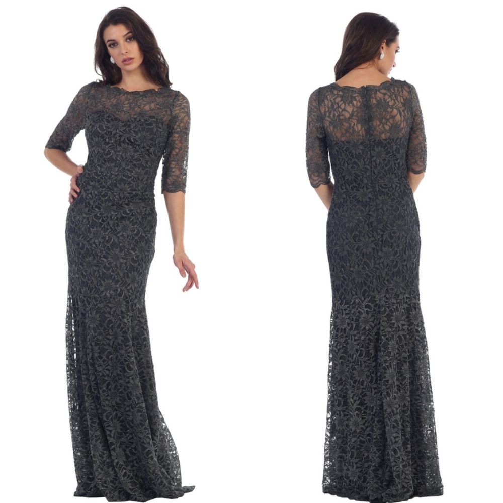 {12} Xscape Charcoal Gray Lace Glitter Gown